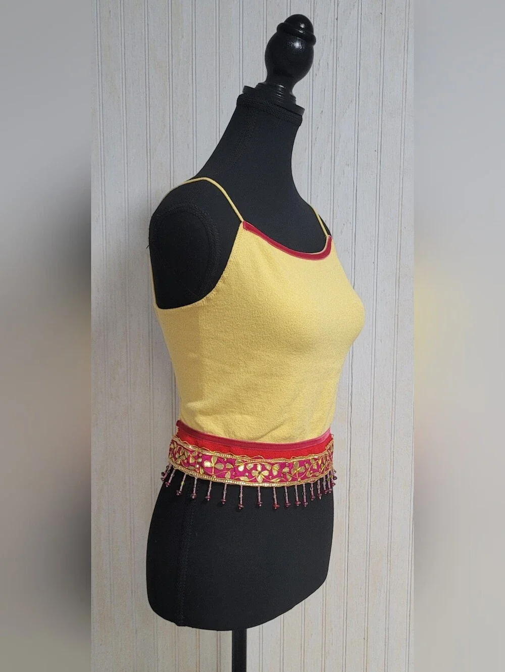 Vintage 90s Y2K Cache Yellow Beaded Fringe Open Back Cami Crop Top Large - Picture 4 of 13